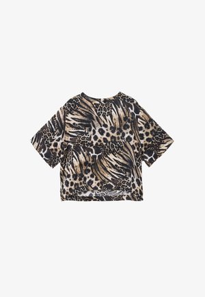 Top corto a maniche corte con stampa animale mista in tonalità beige e nero, con una texture morbida e scollo rotondo.