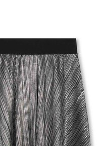 Jupe plissée noire en tissu texturé et brillant, avec des lignes verticales argentées. Taille large et unie de couleur noire en haut.