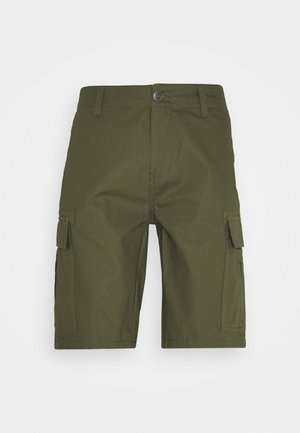 Olijfgroene cargoshorts van duurzaam materiaal met zijzakken, een knoopsluiting en een rechte snit.