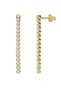 Goldfarbene Ohrringe mit einem vertikalen Design, das eine Reihe von klaren, rund geschliffenen Steinen zeigt. Jeder Stein ist in einem glatten, abgerundeten Fassungsrand eingesetzt.