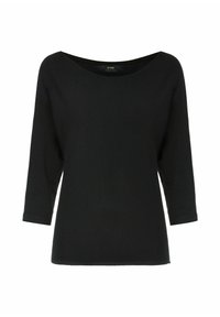 Czarna bluzka z długim rękawem, wykonana z dzianiny, z szerokim dekoltem w łódkę, luźnym krojem i dołem, który opada tuż poniżej bioder.
