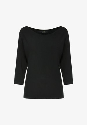 Czarna bluzka z długim rękawem, wykonana z dzianiny, z szerokim dekoltem w łódkę, luźnym krojem i dołem, który opada tuż poniżej bioder.