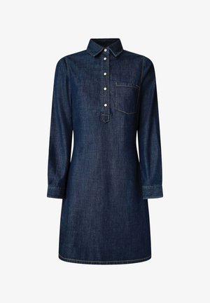 Denim jurk met een kraag, lange mouwen, een knoopsluiting aan de voorkant en een borstzak. Donkerblauwe kleur met contrasterende gele stitching.