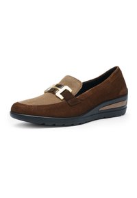 Brown suede loafer with contrasting lighter brown front, gold and tortoiseshell buckle detail, and black wedge sole.