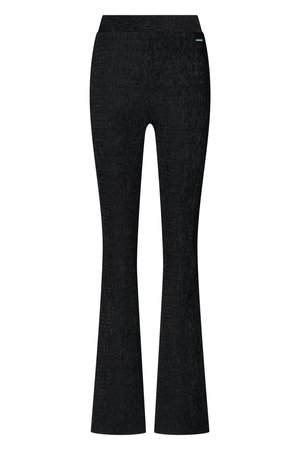 Black flared pants made of textured fabric, featuring a stretchy waistband and subtle vertical ribbing for added detail.
