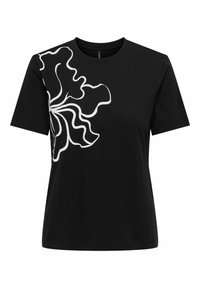 Sort bomulds T-shirt med et hvidt abstrakt blomstermotiv på venstre side, korte ærmer, rund halsudskæring og en afslappet pasform.