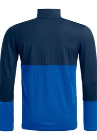 Long-sleeve turtleneck shirt featuring a color-block design in navy blue and bright blue, made from a smooth, lightweight fabric.
