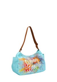 Una borsa a spalla turchese con un design a schizzi in arancione, giallo e rosa, con il testo "Estate!" e manici in pelle marrone.