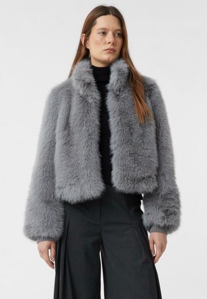 Graue Kunstpelz-Croppjacke mit hohem Kragen und weiten Ärmeln. Weiche Textur, minimale Nähte und keine sichtbaren Hardware-Details.