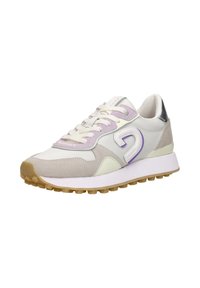 Sneaker with a mix of light gray suede and mesh upper, purple accents, and a white sole. Features round laces and a textured rubber outsole.
