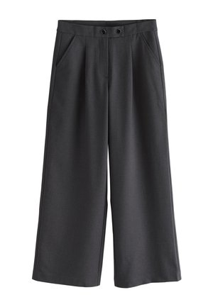 Sorte bukser med vide ben, forlommer og dobbeltknappet linning, lavet af glat stof.