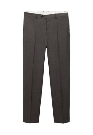Gray tailored trousers made of textured fabric, featuring two front pleats, a zip fly with button closure, and a waistband with belt loops.