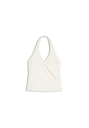 Biely tielkový top bez rukávov s hlbokým výstrihom do V a zdobeným predným dielom, položeny na bielom pozadí.