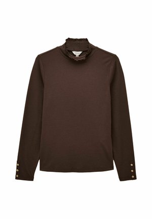 Dark brown long-sleeve top with ruffled mock neck and three small buttons on each cuff.