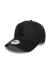 Black fitted baseball cap with a structured crown, featuring a textured fabric, a raised logo on the front, and a curved visor.