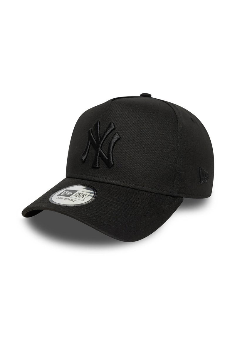 Black fitted baseball cap with a structured crown, featuring a textured fabric, a raised logo on the front, and a curved visor.