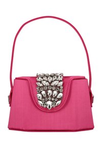 Pink fabric handbag with a structured shape, featuring a jeweled closure with clear rhinestones and a slender shoulder strap.