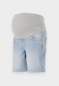 Těhotenské džínové šortky v světlé modré barvě s šedým elastickým pasem a dvěma předními kapsami pro větší pohodlí.