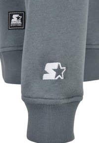Grauer Sweatshirt mit gerippten Bündchen, einer strukturierten Oberfläche und einem weißen gestickten Logo mit einem Sternedesign am linken Ärmel.
