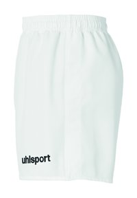 Witte sportshorts van gladde stof, met een elastische tailleband en een zwart "uhlsport" logo aan de onderkant links.