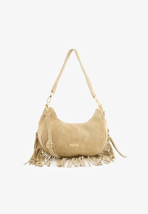 Sac à main en daim beige avec ferrures dorées, détails en franges, forme incurvée et deux bretelles d'épaule, dont une ajustable, étiquetée "VENEZIA".