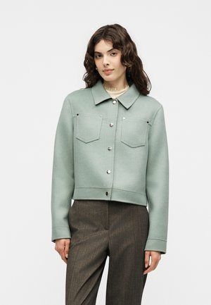 Woman wearing a light green buttoned jacket with two front pockets and dark gray tailored trousers, standing against a plain background.