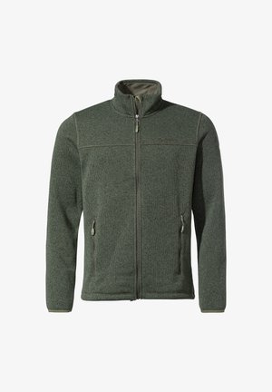 Fleecejacke in Dunkelgrün, mit Frontreißverschluss, hohem Kragen, zwei seitlichen Taschen, gestickten Details und glatter Textur.