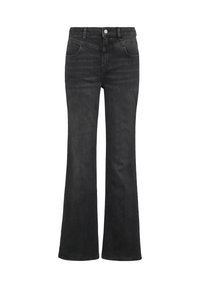 Schwarze Schlagjeans aus Denim, mit einer mittelhohen Taille, fünf Taschen und einem einzelnen silbernen Metallknopfverschluss vorne.