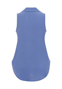 Blusa sin mangas azul claro con cuello y dobladillo curvado, vista desde atrás.