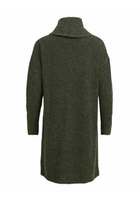 Maglione verde lungo in morbido tessuto, con colletto alto e maniche lunghe, caratterizzato da una superficie liscia e una vestibilità comoda. Vista posteriore mostrata.