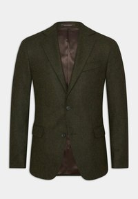 Dunkelgrüner Fischgrätenblazer mit zwei Knöpfen, Reverskragen, einer Brusttasche und brauner Innenauskleidung. Texturiertes Wollgewebe.