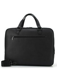Sort læder laptop taske med dobbelt top håndtag, en frontlomme med lynlås, slank rektangulær form og aftagelig rem. Glat tekstur.