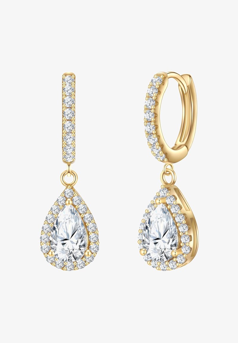 Zlate viseče uhane z uparjenim kamenjem v središču, obdanim z manjšimi prozornimi dragulji, z teksturiranim obročem in navpičnim uhanom.