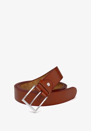 Brown leather belt with a smooth finish, featuring a silver metal buckle and a round stud detail, designed with a classic, wide shape.