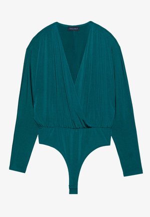 Bodysuit à manches longues teal en tissu doux avec un décolleté en V plongeant, des détails froncés à la taille et un bas en string.