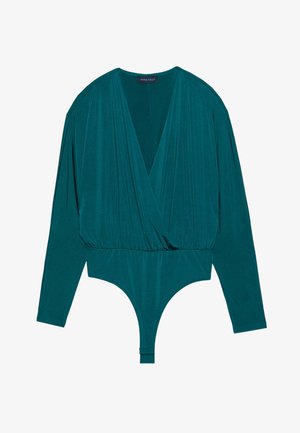 Teal lange mouw bodysuit van zacht materiaal met een diepe V-hals, gerimpelde details bij de taille en een stringonderkant.