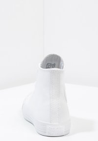 Vita högtopps Converse All Star sneakers sedda från baksidan, som visar sömnadsdetaljer och varumärkeslogotyp på sulaheeln.