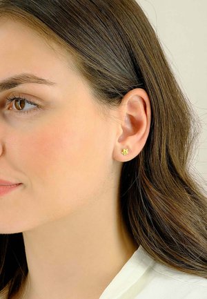 Orecchini a perno in oro a forma di fiore, su uno sfondo chiaro. Il design presenta petali piccoli e dettagliati con superfici testurizzate.