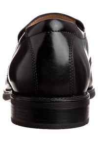 Black leather dress shoe with a smooth finish. Features a rounded toe, stitched detailing, and a sturdy black outsole.