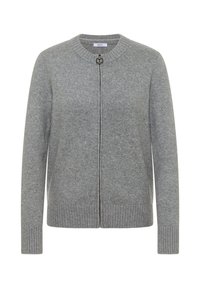 Cardigan grigio a maglia con collo rotondo, zip completa e polsini e orlo a coste. Texture morbida, design semplice, senza motivi o decorazioni.