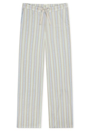 Lichte, gestreepte broek in beige en lichtblauw. Voorzien van een trekkoord in de taille, twee zijzakken en een relaxte pasvorm. Gemaakt van zacht materiaal.