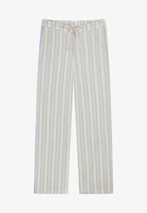 Lightweight, striped pants in beige and pale blue. Features a drawstring waist, two side pockets, and a relaxed fit. Made of soft material.