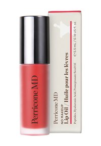 Perricone MD Lippenöl in einem transparenten Röhrchen mit roter Flüssigkeit; schwarzer Deckel; beinhaltet eine hellfarbige Box mit Produktdetails in schwarzer Schrift.