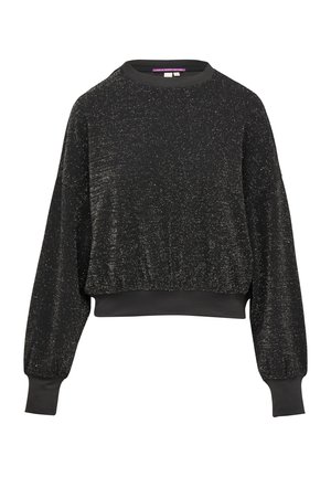 Black cropped sweater with a sparkly texture, long sleeves, and ribbed cuffs. Soft fabric with a round neckline and relaxed fit.