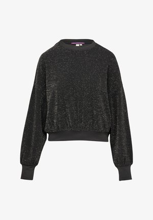 Black cropped sweater with a sparkly texture, long sleeves, and ribbed cuffs. Soft fabric with a round neckline and relaxed fit.