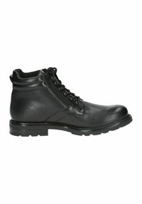 Botas de tobillo de cuero negro con un acabado texturizado, que cuentan con un diseño de cordones en la parte delantera, cremallera lateral y una suela de goma resistente.