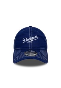 Mėlyna reguliuojama kepurė su apvalia viršūne, su balta "Dodgers" siuvinėjimo užrašu priekyje ir kontrastingais siūlų akcentais.