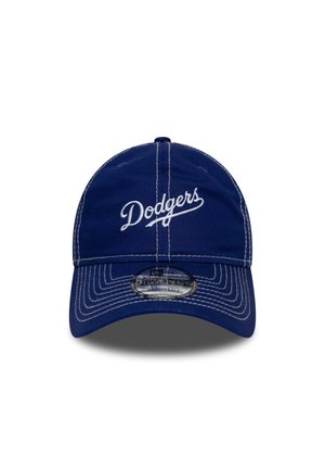 Casquette bleue réglable avec un couronne arrondie, ornée d'un broderie blanche "Dodgers" sur le devant et de détails de couture contrastants.