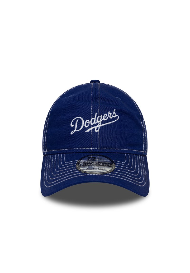Mėlyna reguliuojama kepurė su apvalia viršūne, su balta "Dodgers" siuvinėjimo užrašu priekyje ir kontrastingais siūlų akcentais.