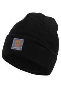 Black knit beanie with a turned-up cuff featuring a rectangular logo patch in gray and orange, displaying the text "JEANSCODE."